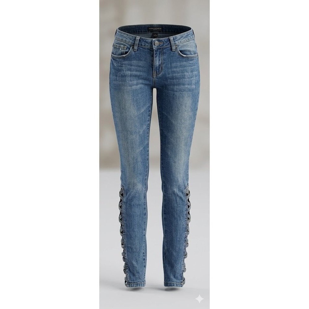 Black Crystal Side Loop Cut Out Jeans Womens 7 Y2K Clubwear McBling Distressed